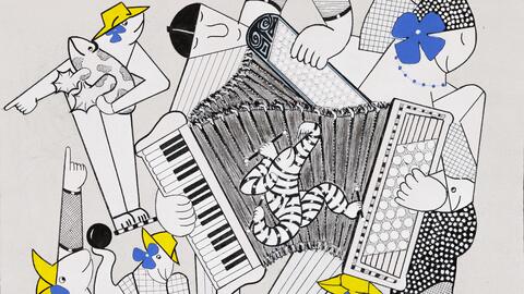 Peinture de Bernard Lachaniette représentant un couple jouant de l'accordéon entouré de poissons humanoïdes