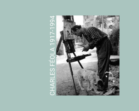 Charles Féola Argentat Photo de Charles Féola peignant une toile sur un chevalet en compagnie de son chien