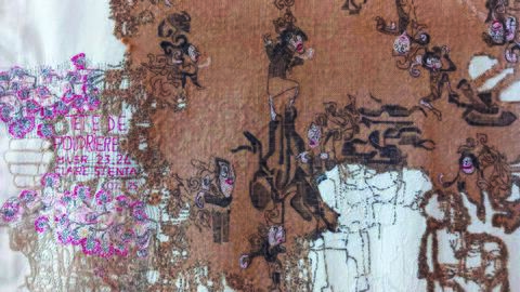 Broderie abstraite sur toile de jute 